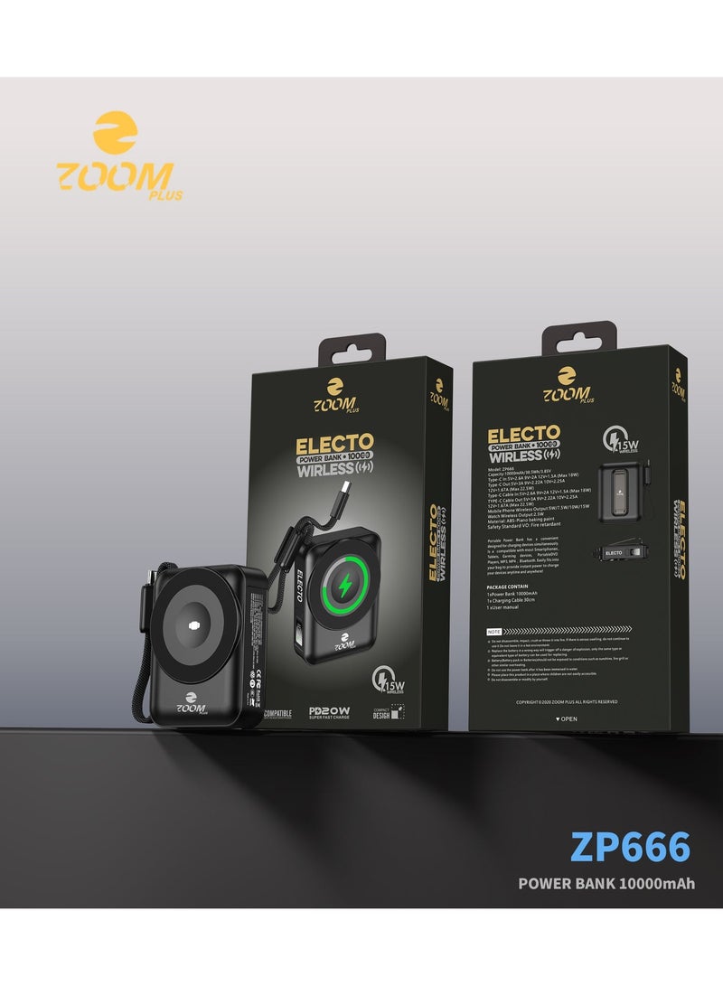 زوم بلس باور بنك زوم بلس ELECTO ZP666 بسعة 10000 مللي أمبير | شحن لاسلكي 15 واط | كابل مدمج | تصميم مدمج وشحن سريع - Image 4